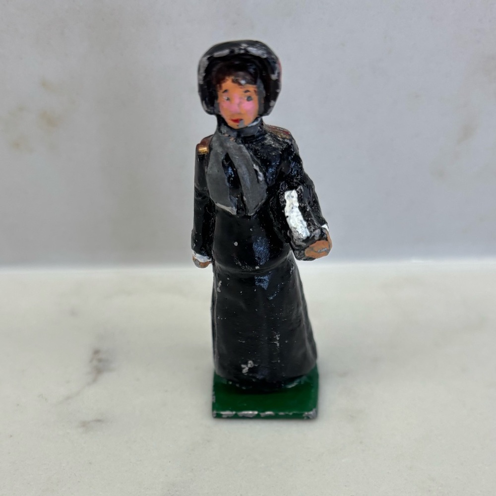 Vintage Hand-Painted Lead Metal Figurine Victorian Woman in Black Dress Bonnet